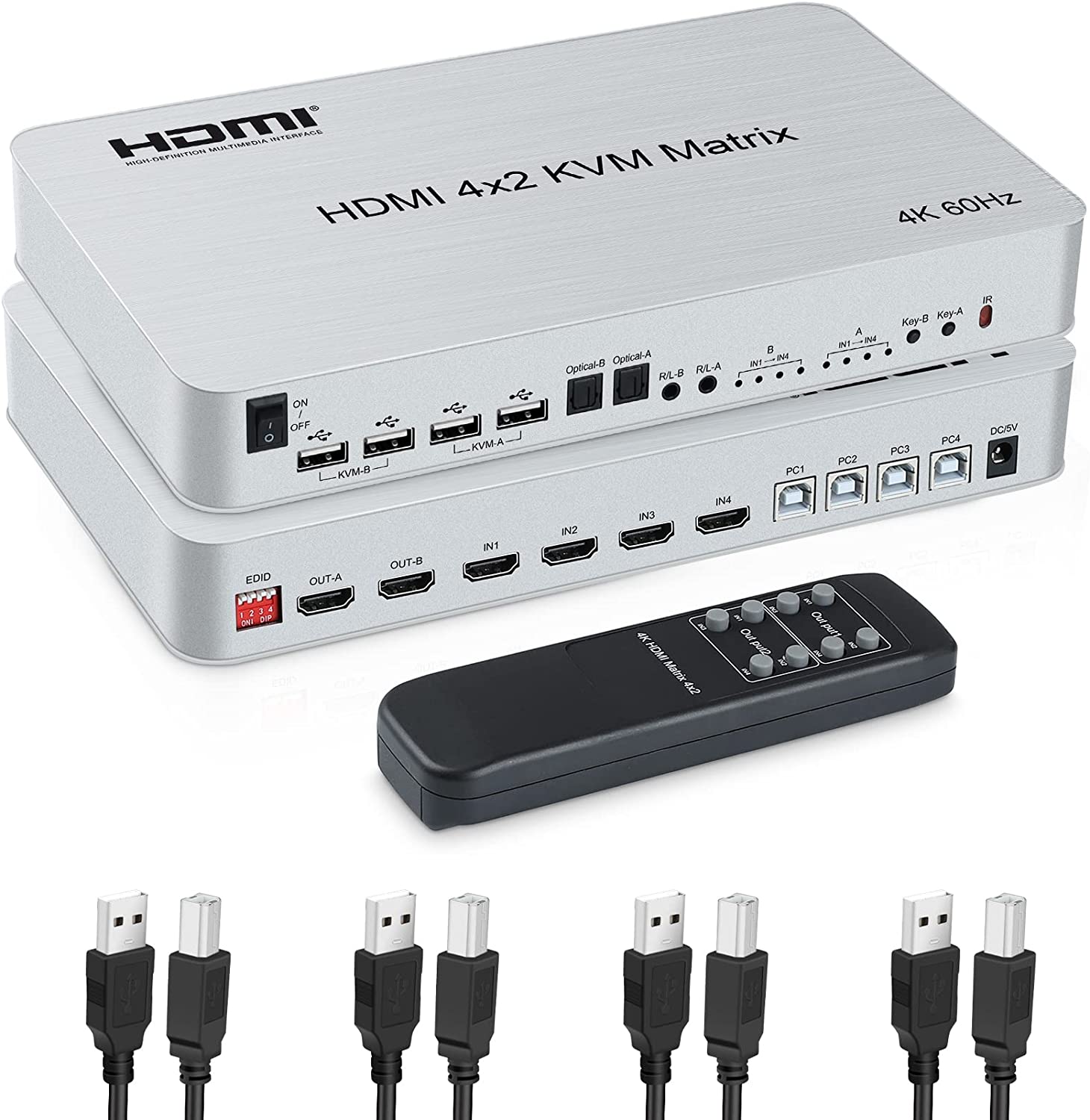 4K@60Hz 4x2 HDMI KVM Matrix HDMI kvm Switch SplitterOptical & L/R Audio Output  4 USB Port Share 4 Computer to 2 Monitor